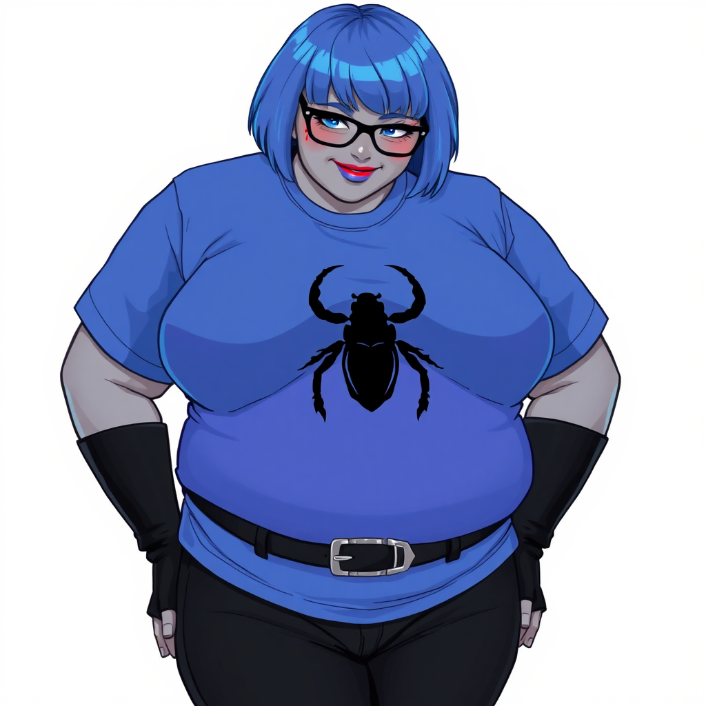 A 28-year-old, full-figured, metallic middle gray skinned computer program hybrid with a short maximum blue bob cut. She has a non-athletic build, highlighted by a prominent, round midsection (with a focus on her round belly). As a digital sidekick to her cyberpunk vigilante boyfriend, her middle gray metallic skin and maximum blue lipstick emphasize her digital nature. She wears a large, tight-fitting, maximum blue t-shirt (accentuating her belly) with a black chest icon of a beetle on its chest, black pants, a black belt with a sapphire scarab buckle, and black gloves. Her bright blue eyes, black eyeglasses, and shy smile with neon red blush accentuate her nerdiness. She bashfully bows her head with her hands behind her back, her t-shirt covers her midsection (especially her belly) and emphasizing her full-figured, non-athletic physique. She is on a solid white background. She is drawn as if she was in a retro 2D cyberpunk fighting game. She is clearly non-athletic, with a focus on her full figure. Make sure her t-shirt covers all of her bare skin (especially her belly).