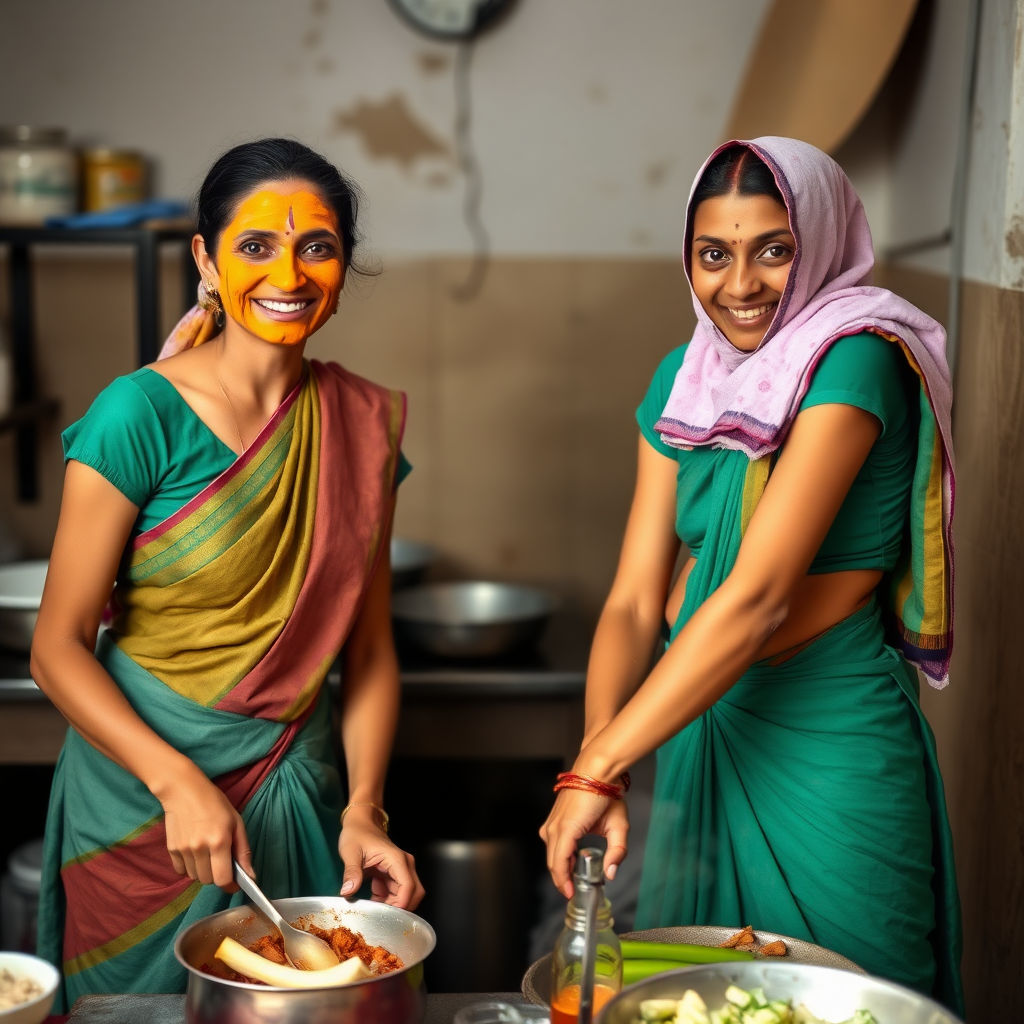 2 skinny, happy, traditional, 30-year-old Indian maids, wearing a blouse, skirt, and a short towel on their shoulder. They are preparing food in the kitchen. Their face is covered with a turmeric face mask.