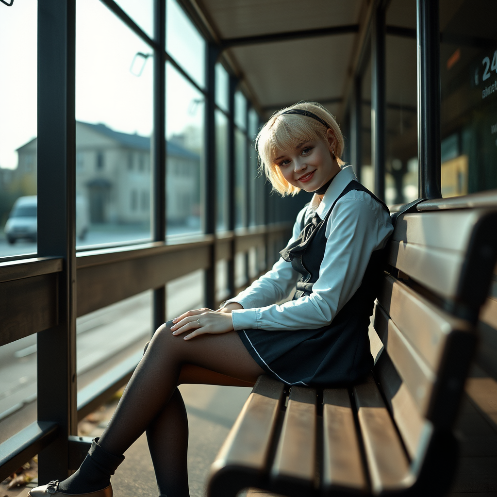 photorealistic, ultra high resolution, 16K, surreal fantasy, soft studio lighting, a pretty 18 year old goth male, slim male physique, short blonde hair, goth makeup, earrings, shiny black pantyhose, UK girls-school uniform, Mary-Jane shoes, sitting on a bench waiting for the school bus, in daylight, excited smile, facing the camera.