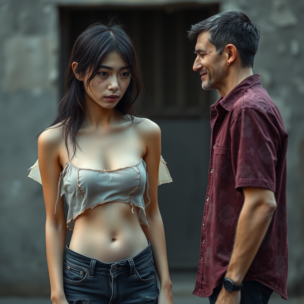 A young, unkempt, neglected, homeless, unhygienic Asian woman, who seems to be from another world, is portrayed as a complete person. She is largely erotic but with an indescribably sad and immensely mystical expression on her face. The Asian woman wears a torn, old, completely transparent, extremely short, and cropped top, along with a completely torn, tattered, old short bottom. A profound sense of shame is clearly visible on her face. She is exceedingly ashamed. Her small and unremarkable navel is always visible. The Asian woman has a very beautiful, normal, youthful, and yet feminine physique. She has a noticeable wound on her face and looks as if she is about to cry. She looks miserable, sad, and completely hopeless! It seems as though she is afraid of something! Opposite her stands a 60-year-old German man. The German man, still appearing youthful and well-groomed, looks at the Asian woman as if he is offering her his help. The German man is clean-shaven and slim, with a normal fashionable haircut, and his hair is dark brown. He wears a new, beautiful, yet simple burgundy shirt with a subtle pattern and new dark blue jeans. The German man looks friendly, smiles slightly, and looks at the Asian woman kindly, as if he feels great sympathy for her. The Asian woman cannot look the German man in the eye due to her shame, but it is clear that she likes him.