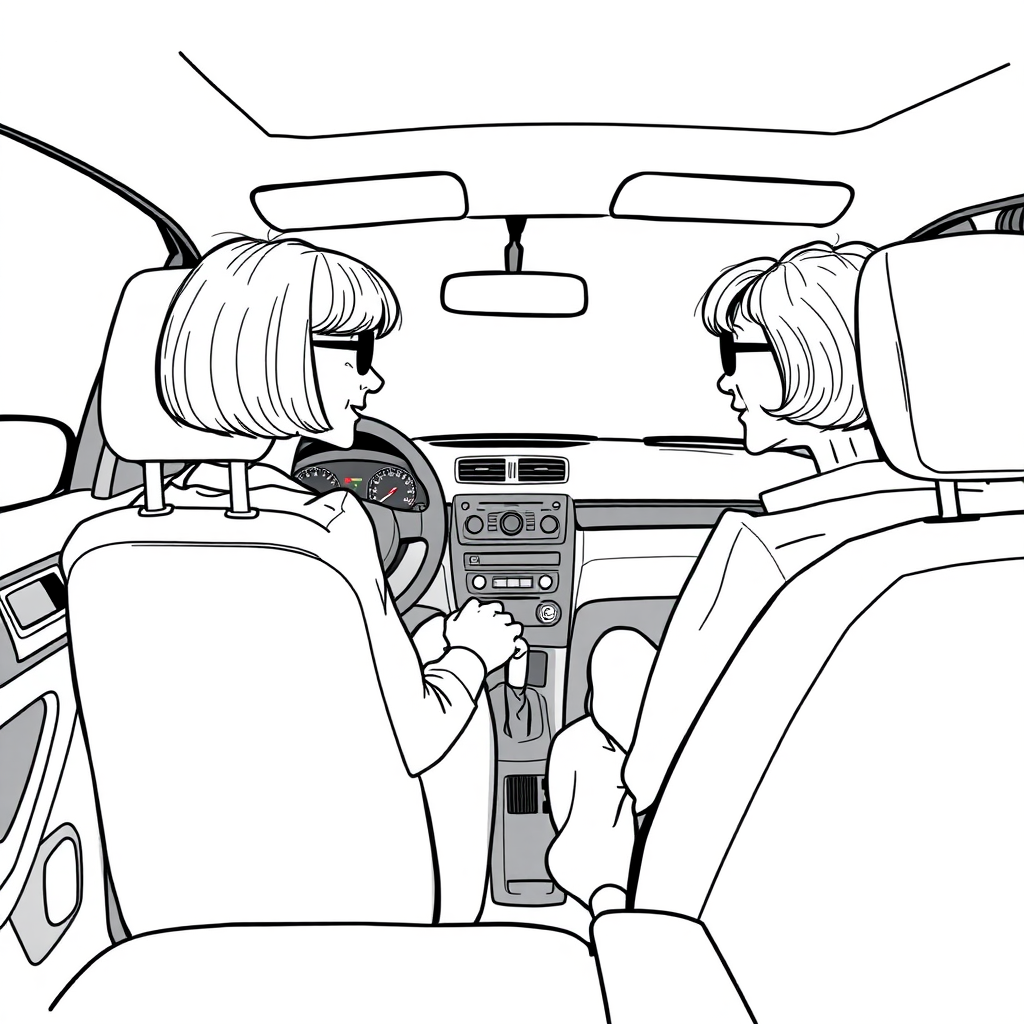 inside view of a VW Polo V from the front passenger seat point of view, looking at the driver seat from the side, short bowl haircut 50 year old woman driving, skirt, glasses, she is looking at the camera over her shoulder, long establishing shot, 2D, caricature, cartoon, Sketch lines, coloring book, coloring book style on white background, well composed, clean coloring book page, No dither, no gradient, strong outline, No fill, No solids, vector illustration, side view, vector illustration, movement lines, from above