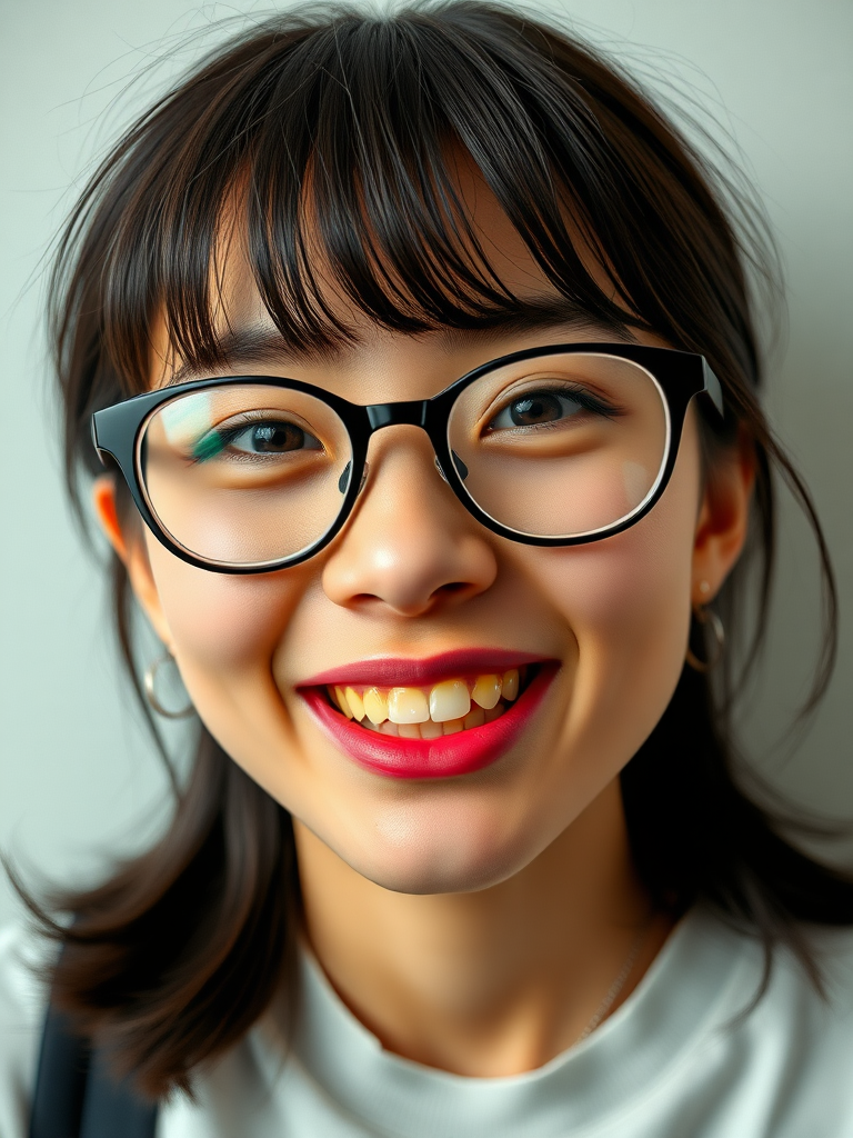 detailed, perfect proportion, high realism, real casual photo, japanese nerdy skinny woman with big nose, big mouth, big yellowish teeth, moles, big eyeglasses and medium hair, retarded