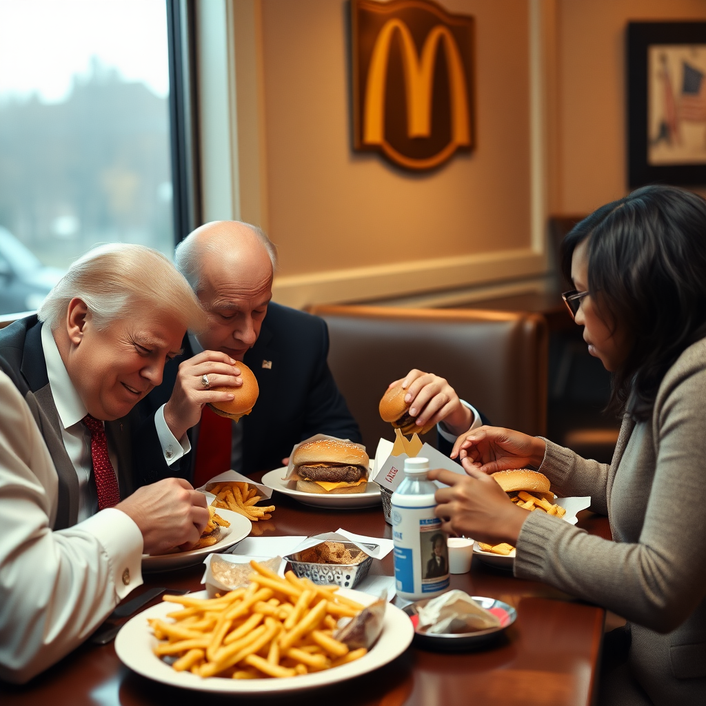 Donald Trump in a dining room eating tons of McDonald's for dinner with Joe Biden devouring two cheeseburgers and sleeping on the food with fries on his head, and Kamala Harris, with Russel Jay Gould sitting far away from them.