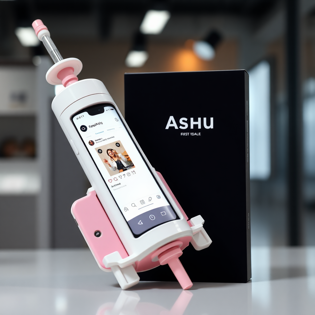 A close-up straight front view of a mobile phone in the shape inspired by a syringe, white pink futuristic, kept for sale leaning to a box with text Ashu and minimal design, in showroom, touchscreen phone with Instagram page open on screen, needle on top, whitepunk.