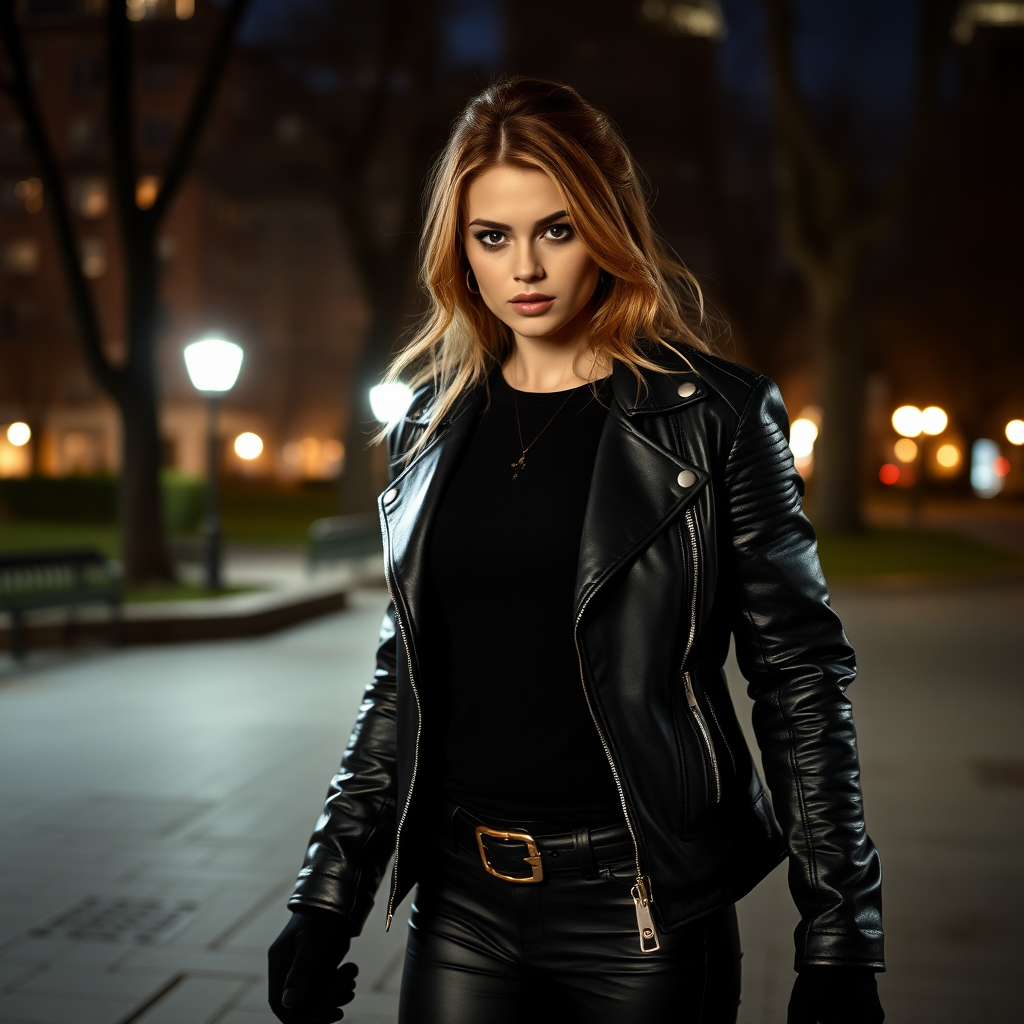 A beautiful badass female burglar in black leather jacket over black t-shirt with black pants and gloves in Manhattan park at night.