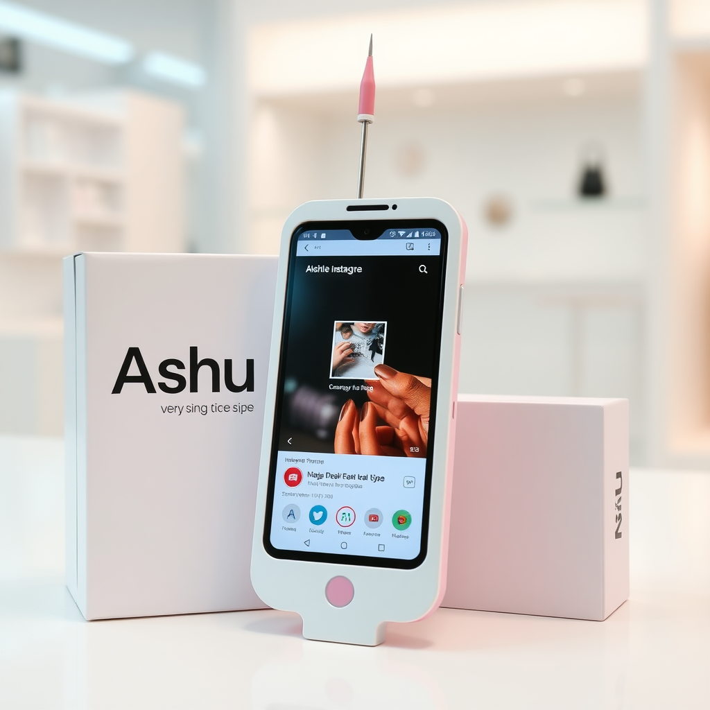 A close-up straight front view of a mobile phone in the shape inspired by a syringe, white pink futuristic, kept for sale leaning to a box with text Ashu and minimal design, in showroom, touchscreen phone with Instagram page open on screen, needle on top, whitepunk.