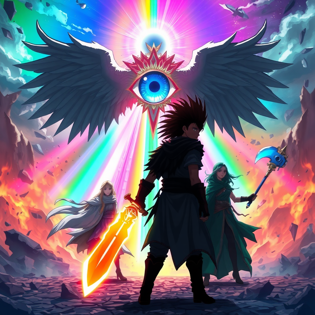 (Anime Styled Art) Set against the void of a shattered world, a radiant, prismatic barrier pulses with vibrant colors, cutting through the darkness like a beacon of defiance. In the center of this surreal battlefield, a colossal figure hovers—both divine and terrifying. Its form is angelic yet grotesque, crowned by a singular, malevolent eye that radiates an aura of dread, its four ethereal wings spread wide as if to dominate the very sky. The eye's gaze, piercing and all-knowing, locks onto the warriors below, a challenge in the air.

In the foreground, the silhouetted figure of a lone warrior stands tall, his dark brown fohawk rippling in the stillness, his stance unshaken. In his hand burns a flaming sword, ablaze in shifting hues of rainbow light, as if forged from the very essence of the barrier itself. Behind him, three allies stand ready—each a force of nature in their own right. To his left, a mage draped in flowing white robes, her long blonde hair cascading like sunlight, magic crackling at her fingertips. To his right, a fierce warrior with violet hair, her blue axe gleaming with an unholy power, its sheer size a testament to her strength. Completing the group is a striking woman, her green hair flowing like a river, cloaked in deep emerald robes, exuding an aura of serenity and lethal precision.

Together, they face the overwhelming entity, their resolve unwavering as they prepare for the battle that will decide the fate of this ruined world.