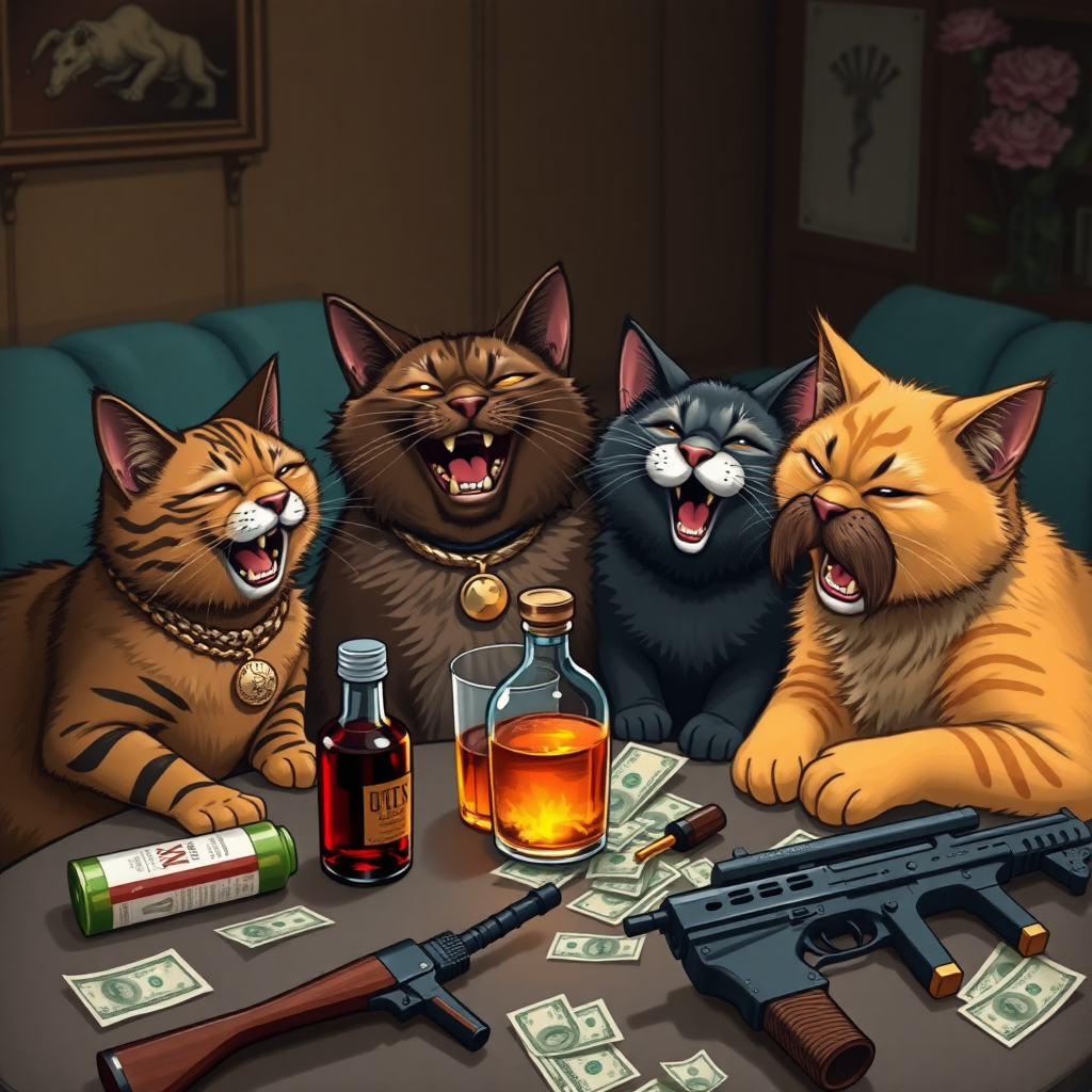 4 cats, one brown with a gold necklace, one dark brown with a necklace and gold teeth, a small black one with earrings, and an orange one with a big mustache are all laughing together around a table with alcohol, bills, and weapons.