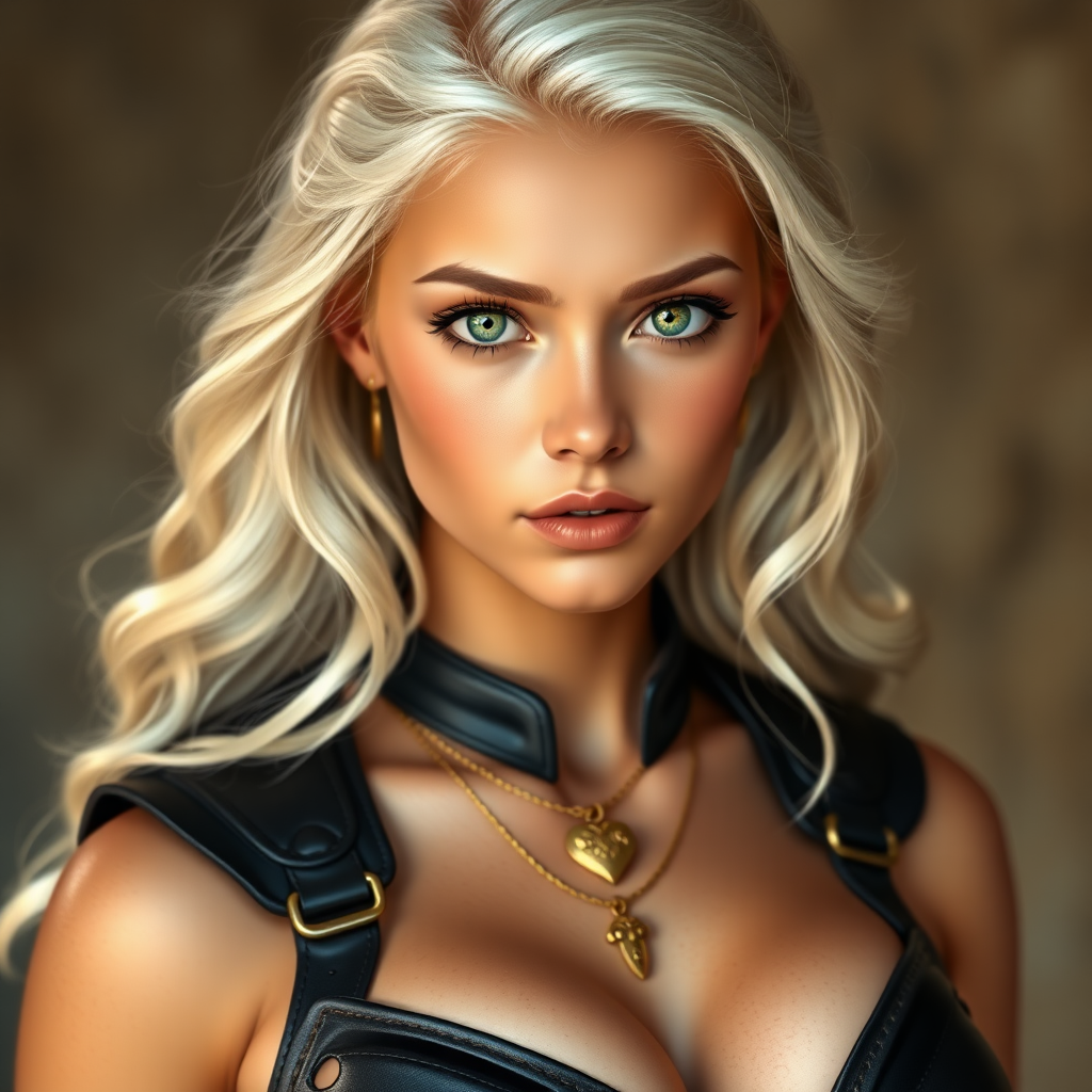 Portrait of a beautiful young woman with long wavy platinum blonde hair, green eyes, a suntan, light brown eyebrows, and large breasts. She is wearing black leather armor and a gold necklace with a small heart pendant.