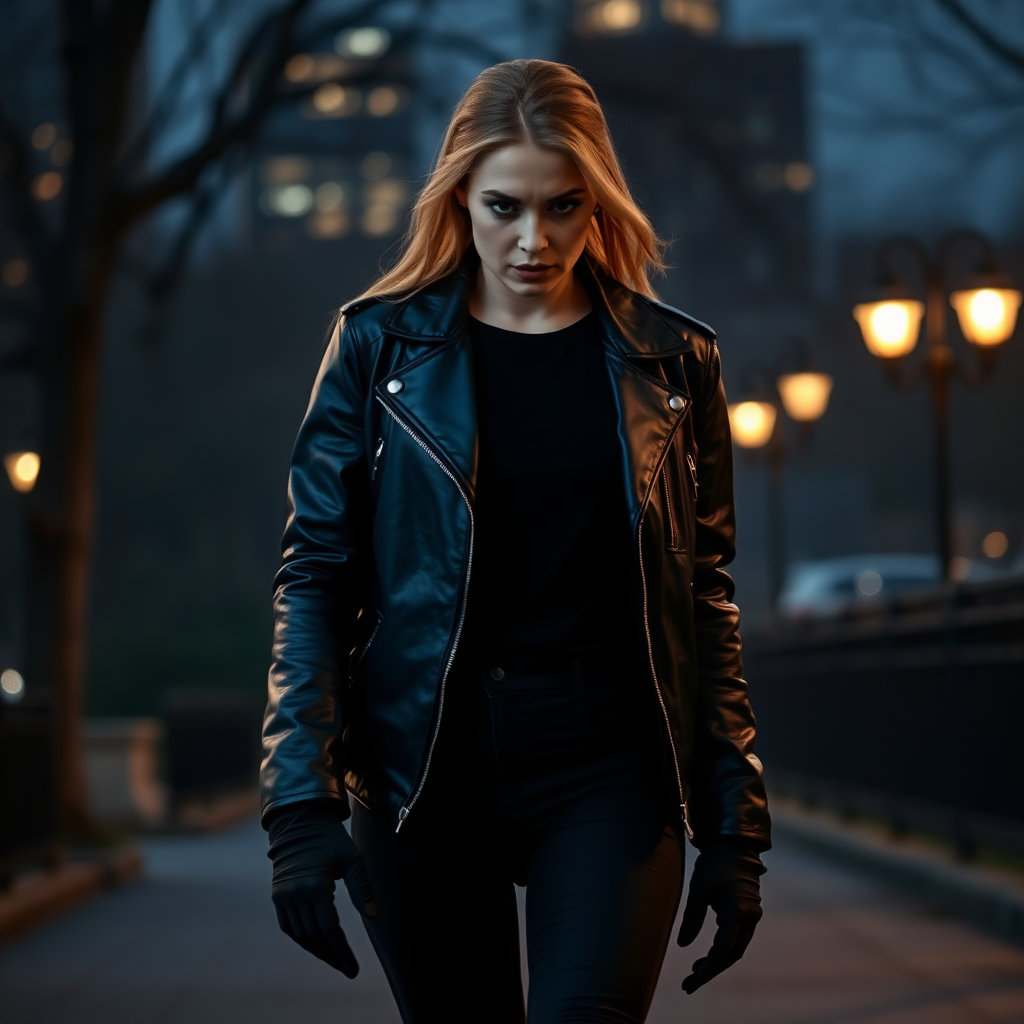 A beautiful angry female burglar in black leather jacket over black t-shirt with black pants and gloves walking in Manhattan park at night.