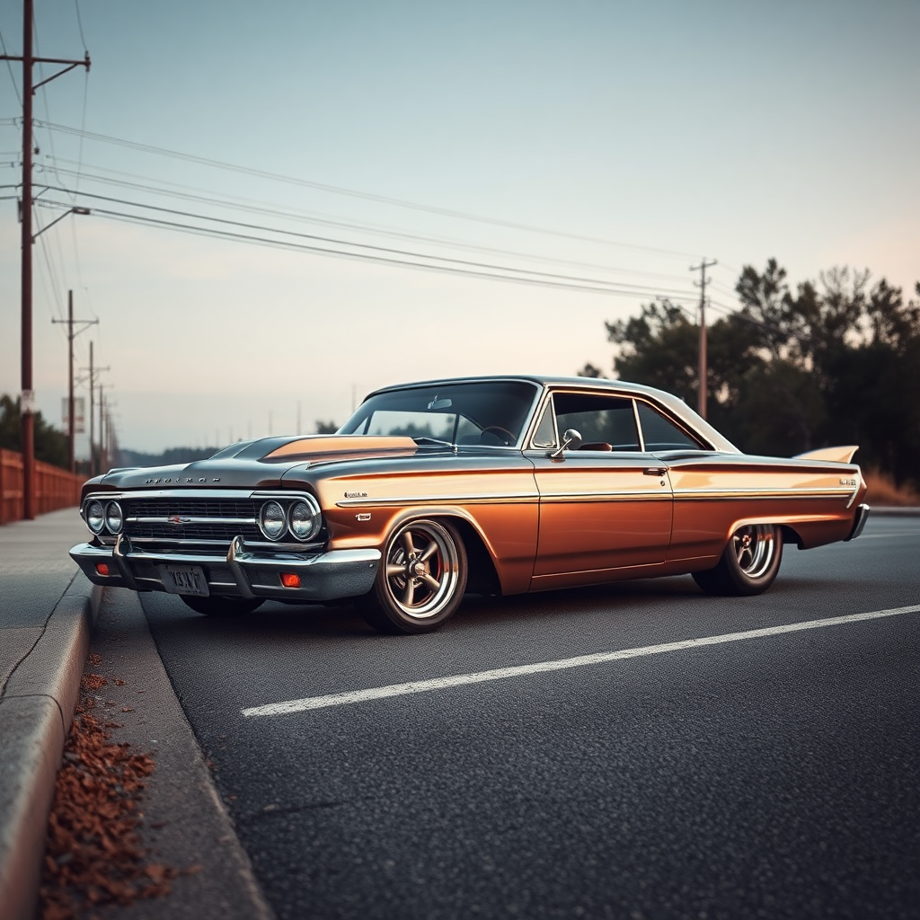 the drag car is parked on the side of the road, inspired by Taiyō Matsumoto, tumblr, restomod, nd4, c4 metallic shine classic american low rider custom ford