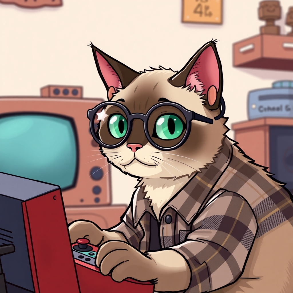 A Siamese cat playing a video game with semi-round glasses and a flannel shirt in a cartoon style.