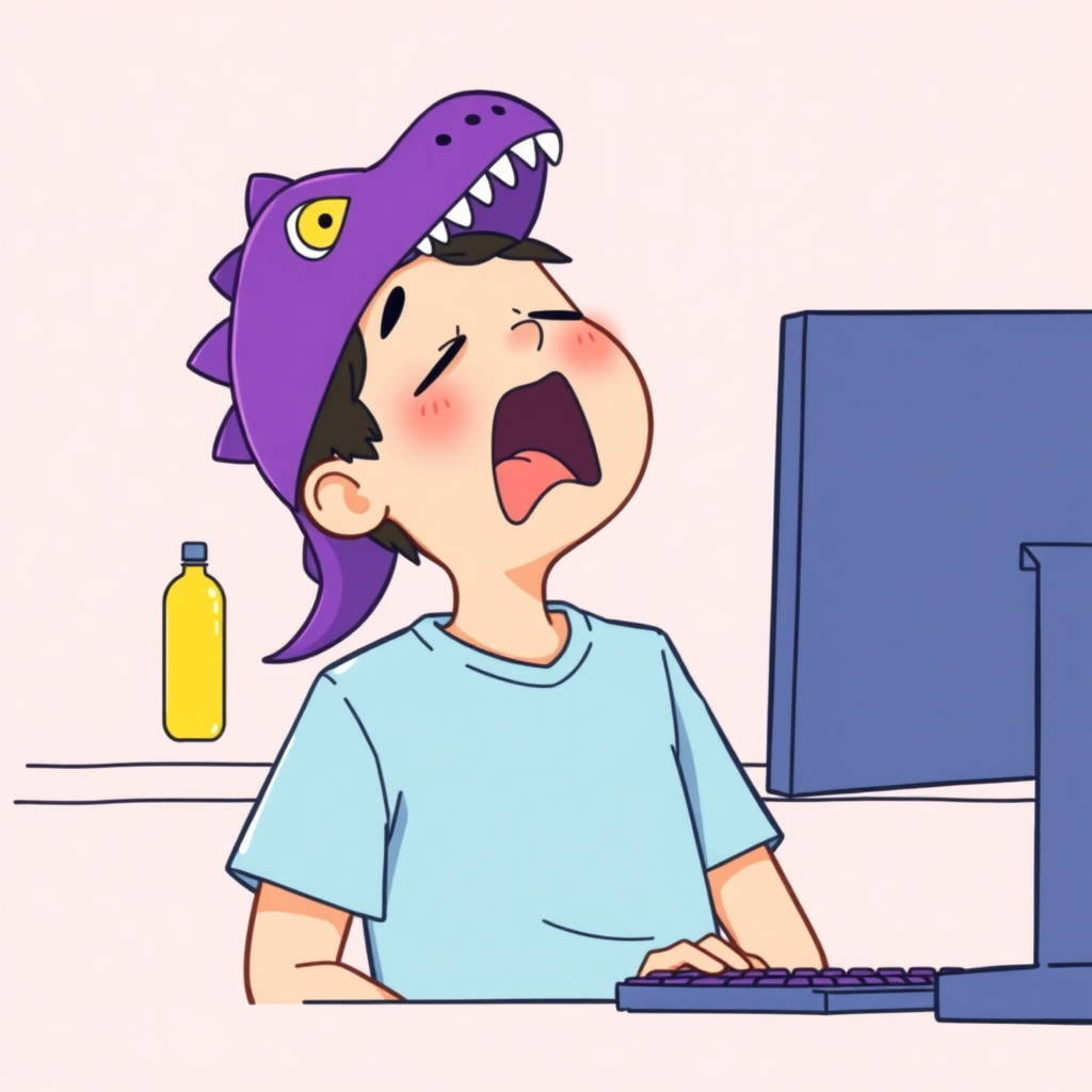 A high-quality illustration of a person sitting at a desk in front of a computer, yawning, with a purple dinosaur-themed cap and light blue shirt. The desk has a computer screen, a keyboard with purple keys, and a yellow bottle beside it. The view is the same as the original image with a light pink background and similar details, but the person now has a dinosaur cap instead of the original one.