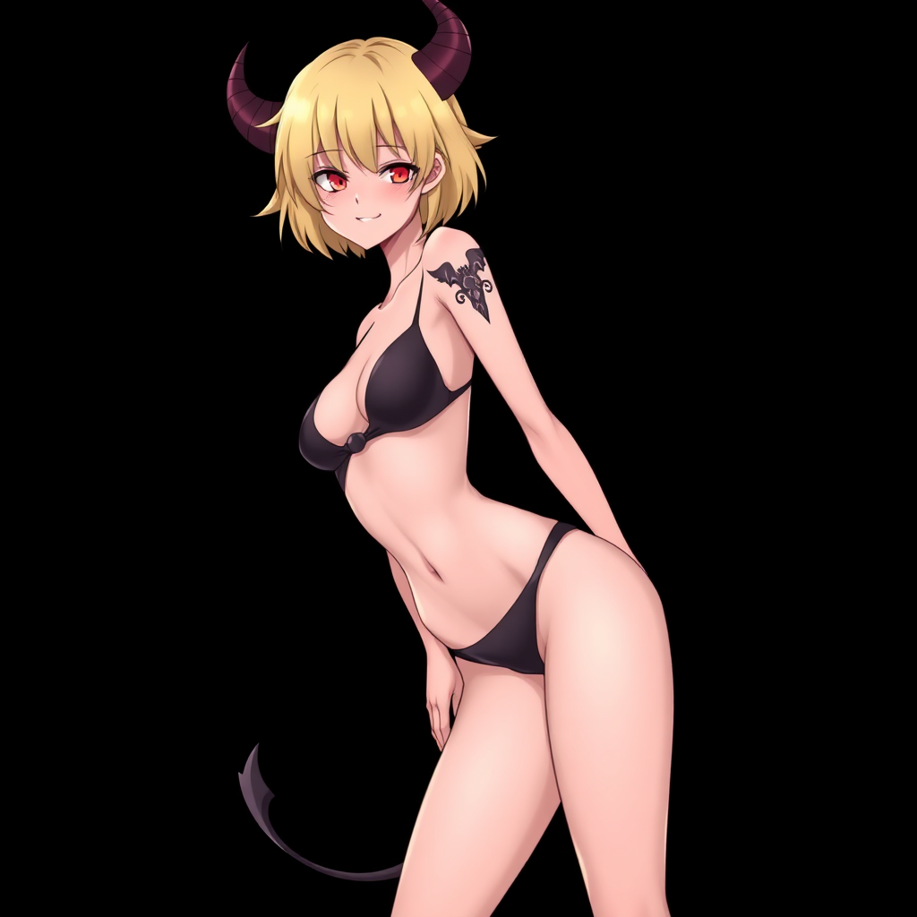 Anime, Black background, A mischievous tall-slender demon girl, short blond hair, wearing sexy-micro bikini-bra-like clothing, g-string, Womb tattoo, mischievous smile, full body, long-legs,