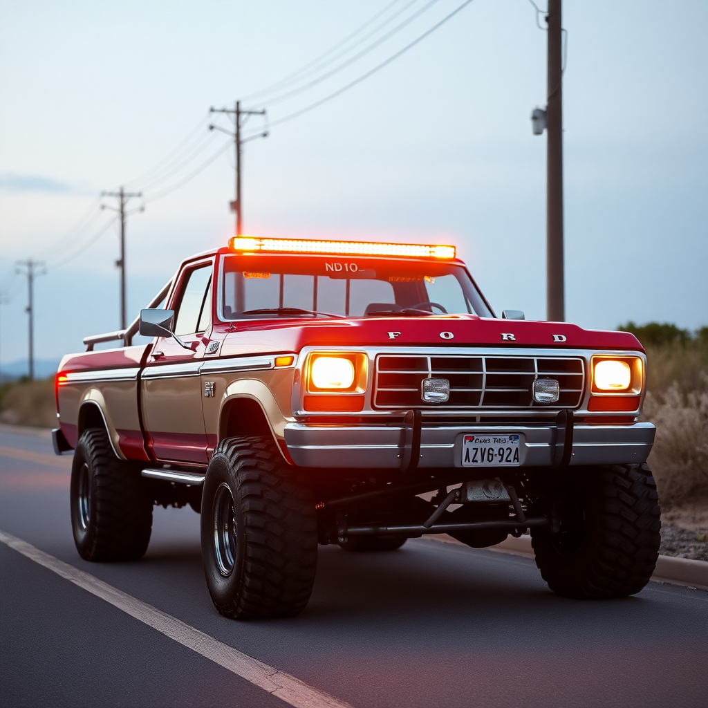 the car is parked on the side of the road, inspired by Taiyō Matsumoto, tumblr, restomod, nd4, c4 ford 4x4 pick-up monster truck light bar