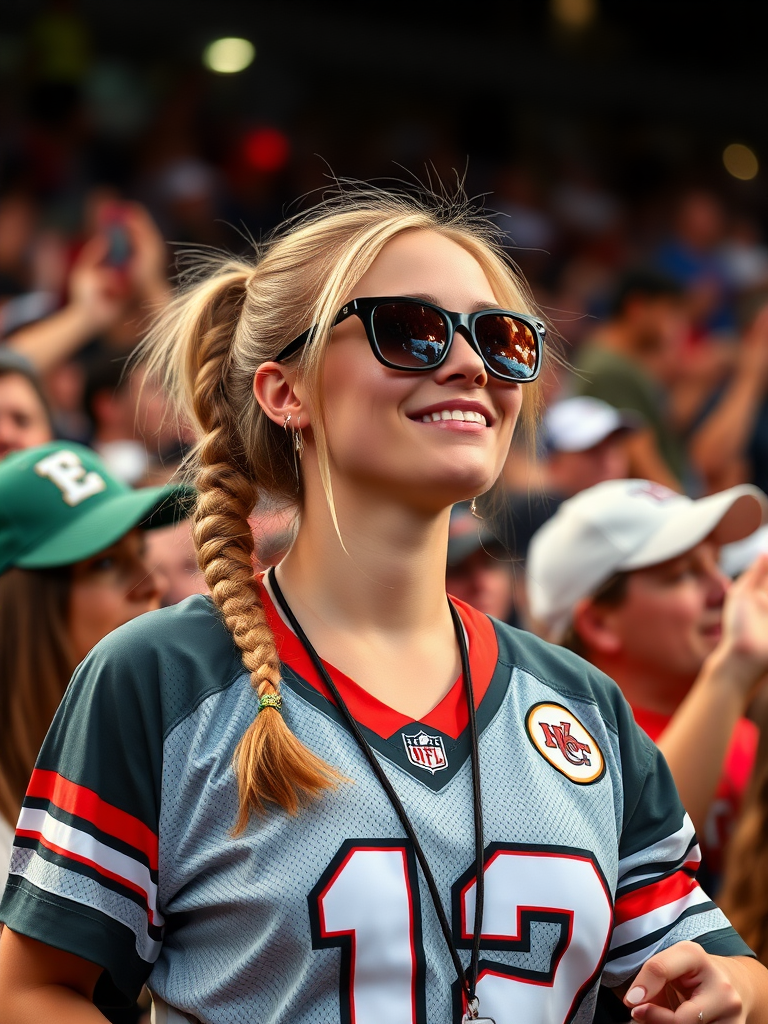 Female NFL fan, hot, pigtail hair, jersey, cheering, inside the crowd