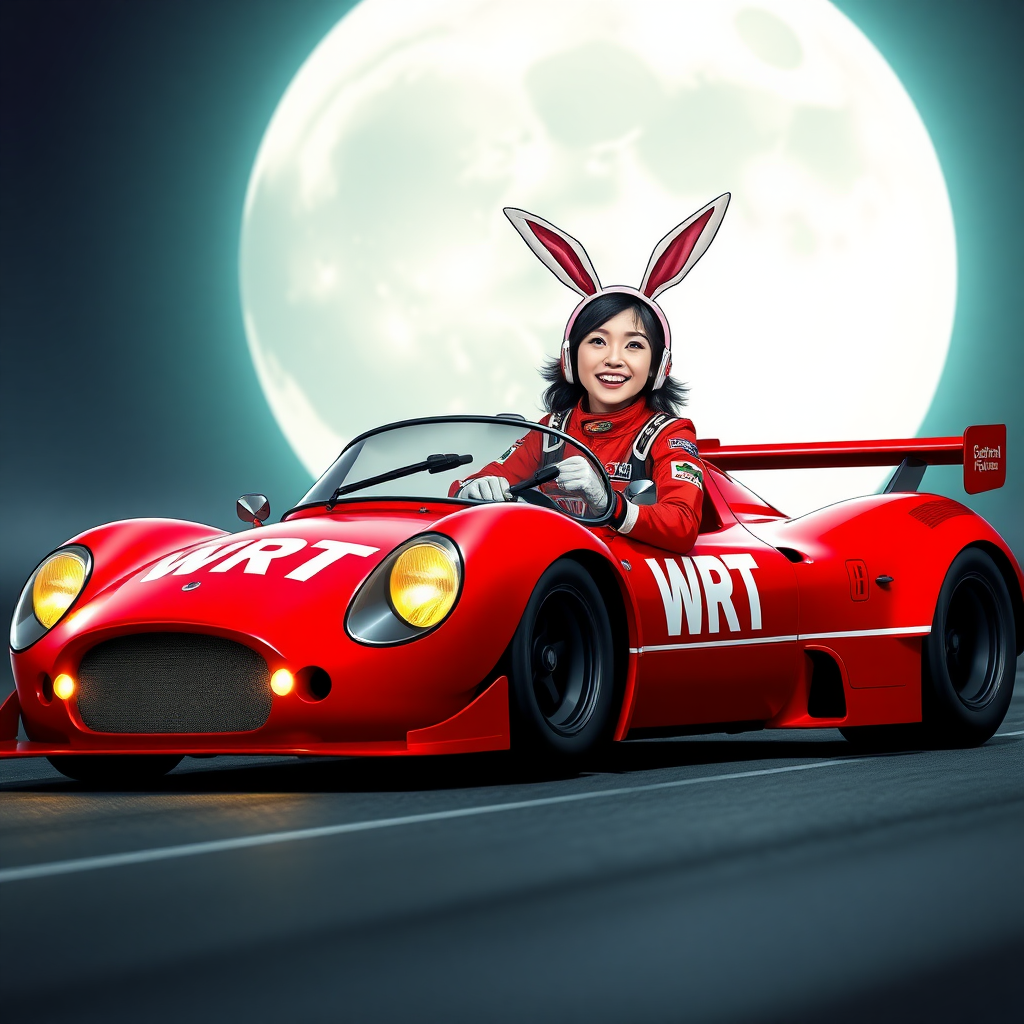 A red racing car with "WRT" written on it, a beautiful Chinese female racer wearing bunny ears and laughing, with a super large moon in the background.