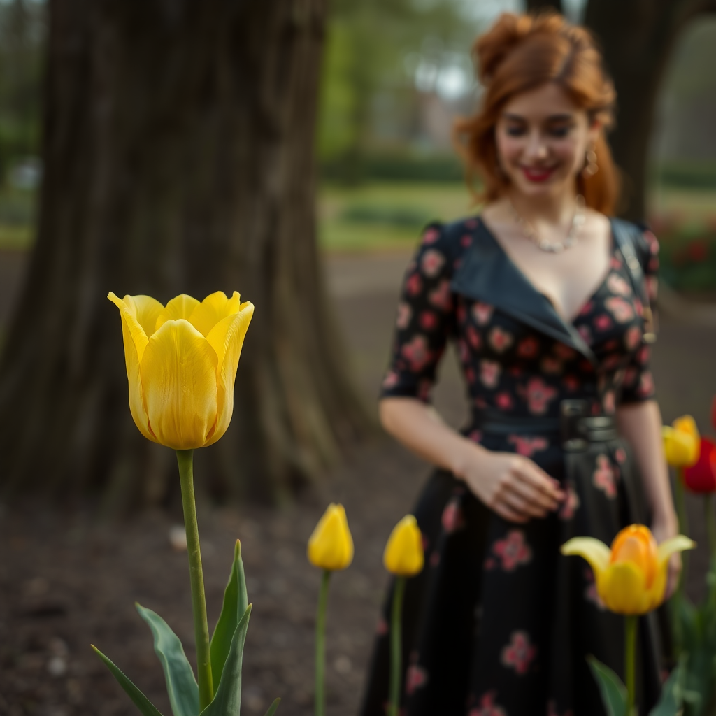 Yellow tulip and beatiul lady