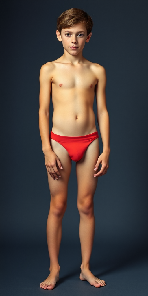 photorealistic, ultra high resolution, 16K. A skinny 14yo teen boy wearing tiny narrow speedo. Long legs, bare thighs, narrow hips. Vintage photograph, 1980s.  
Negative: bad anatomy, extra limbs, big bulge, watermark.