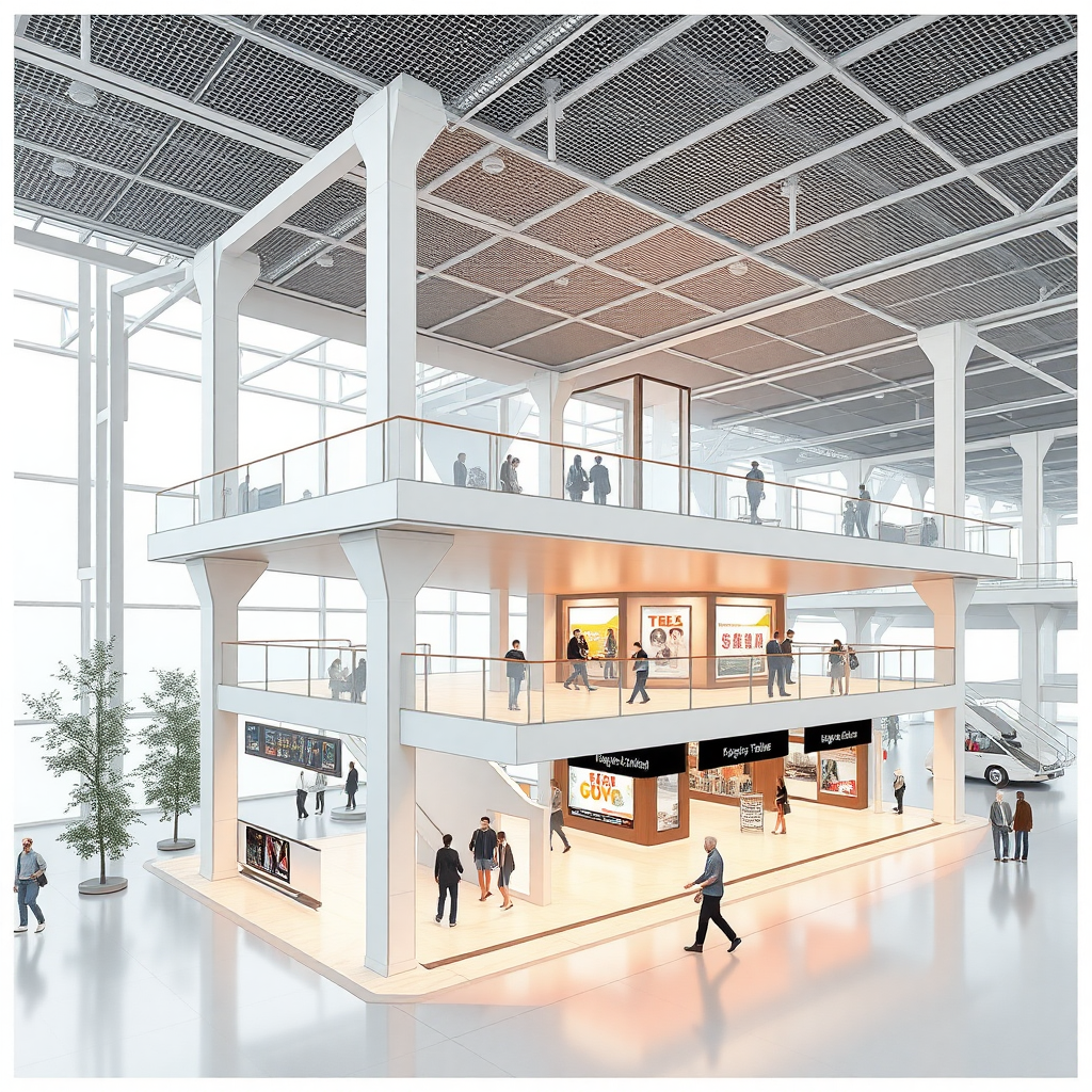 Concept design of bus terminal with stilt floor and staggered flooring with 2-story structure. The second floor also has stilt floor beneath it. The bus terminal should be open, fluid, public space with commercial space.