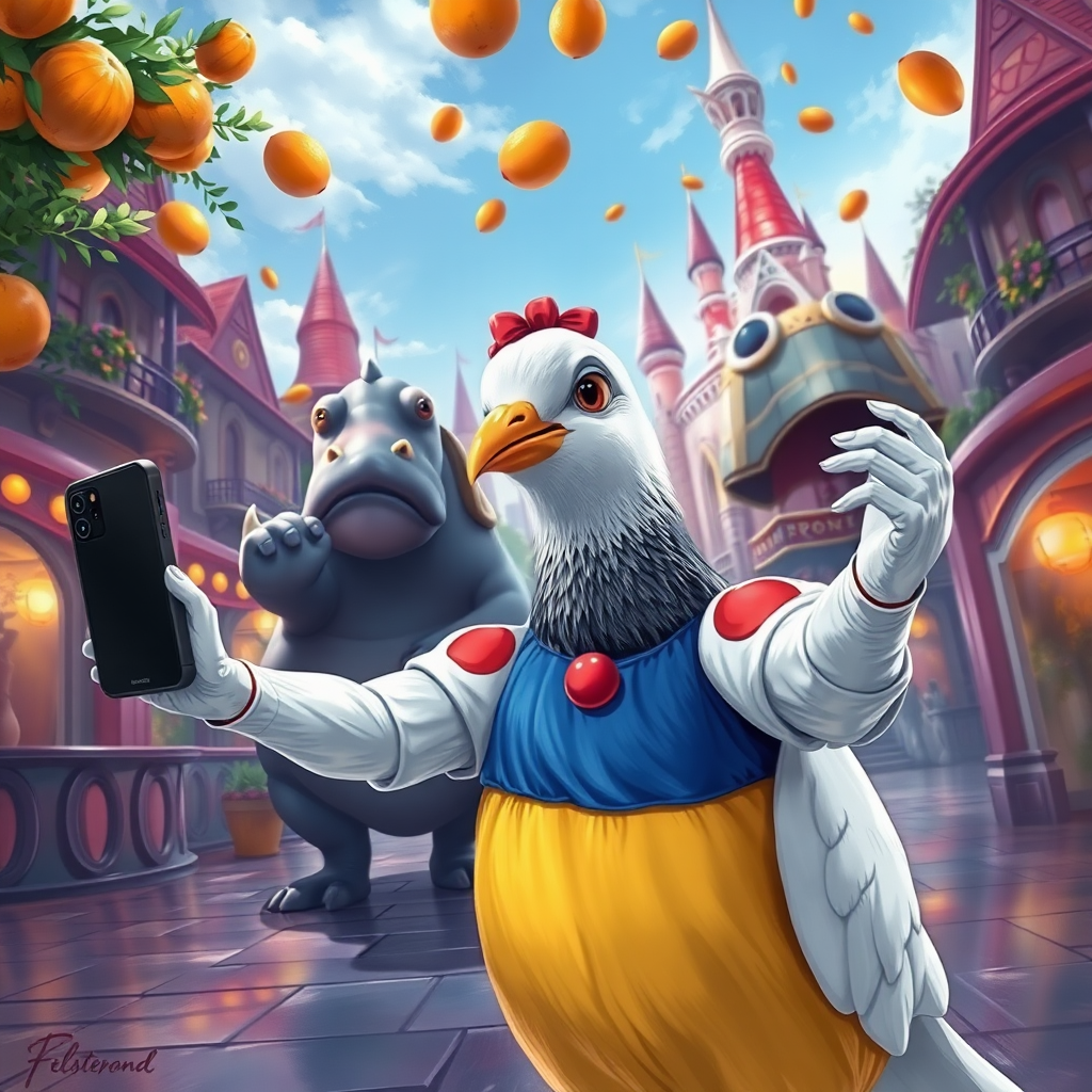 digital painting of a pigeon in snow white clothes taking a selfie in disneyland, hippo pole-dancing behind, oranges falling from the sky