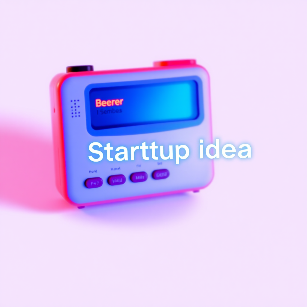 A beeper communication device in red-blue-white and a text: “Startup idea”