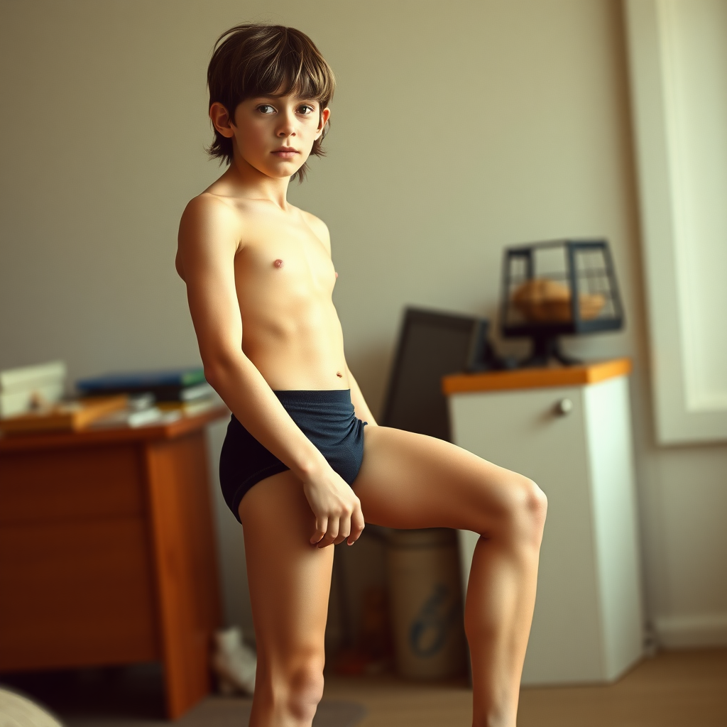 A skinny 14yo teen boy, long hairs bow cut, wearing tight narrow speedo, long legs, narrow thighs. full-length view. 1980s. photorealistic, ultra high resolution, 16K, Negative: grainy, blurry, bad anatomy, extra limbs, watermark.