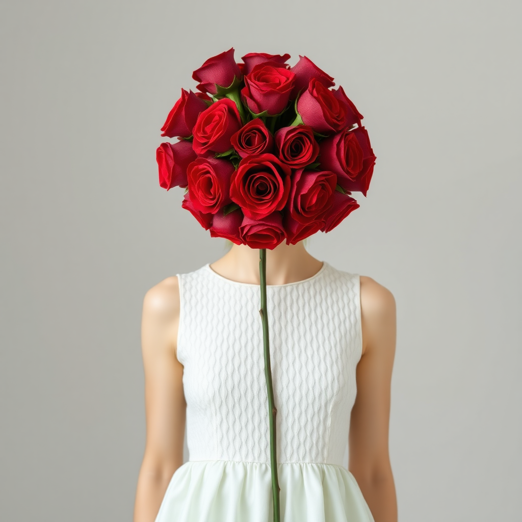 A red rose bouquet head, front view, wearing a white textured dress with pastel minimal design