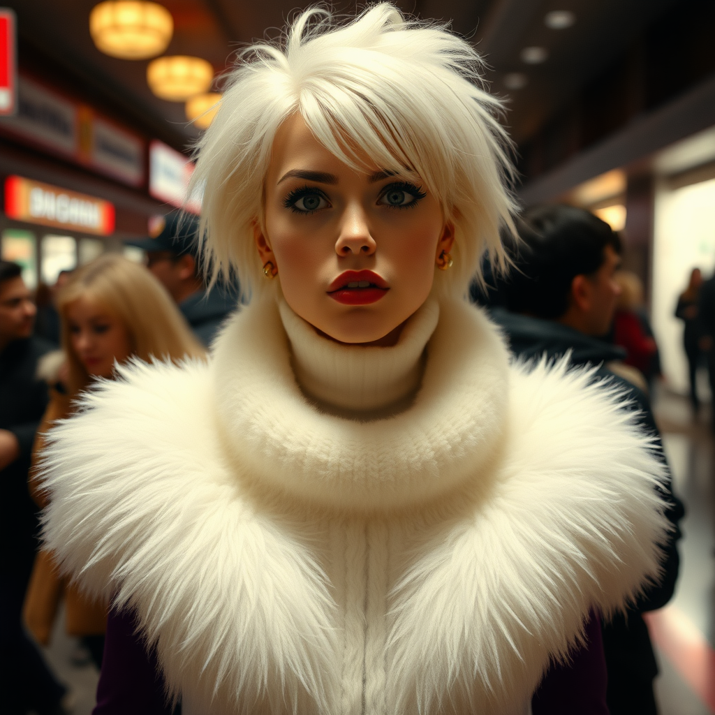 1990 winter evening, crowded cinema lobby: Sam, 19 years old beautiful involuntary femboy, rebellious intractable character, petite boyish figure, platinum blond boyish rebel punk hairstyle, flawless heavily made-up face with sharp arched tattooed eyebrows, wearing Supertanya-style fluffy very fuzzy bright white angora thigh-length turtleneck-poncho fully covering body and arms, purple stretch pants, black leather high-heeled pumps, gold earrings, puzzled alarmed, pout serious, impatiently waiting for her master. Full view, focus on Sam’s face and turtleneck-poncho.