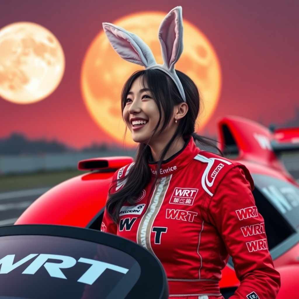 A red racing car with "WRT" written on it, a beautiful Chinese female racer wearing bunny ears and laughing, the logos on the racing suit are all WRT, with a gigantic moon in the background.