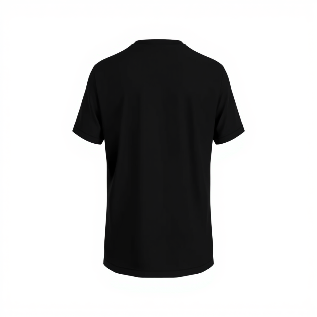 High-quality mockup of a black t-shirt on a white background, featuring a minimalistic vector design of a small snake coiling around the neckline. The snake should resemble a sleek, chain-like design, subtle and clean. Show both the front and back of the t-shirt, with the fabric being 240gsm for a premium look and feel. The mockup should highlight the t-shirt without any person wearing it, focusing on the garment's structure and design details. Ensure the presentation is elegant and minimal, with the snake design standing out around the collar.