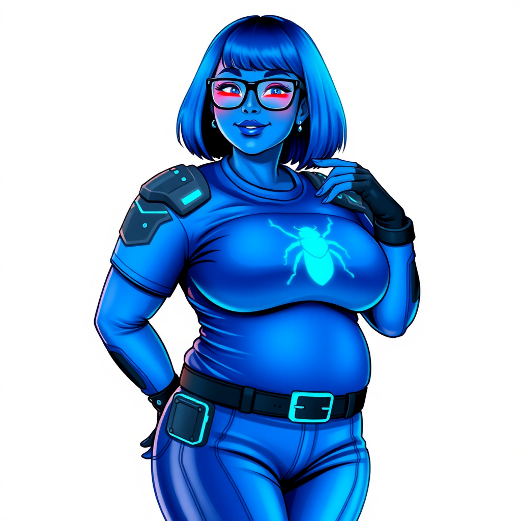 A 28-year-old, full-figured, metallic maximum blue (5PB 5/10) skinned computer program hybrid with a maximum blue bob cut. She has a non-athletic build, highlighted by a prominent, round, large midsection (with emphasis on her round large belly), which shows the effects of her new love of junk food acquired from her boyfriend. As the full-figured, nerdy, digital sidekick to her cyberpunk vigilante boyfriend, her metallic maximum blue skin and maximum blue lipstick (5PB 5/12) emphasize her digital nature. Her skin has a subtle, animated glow, with digital patterns occasionally flickering across it, making her digital nature obvious. She wears a digital, computerized costume, consisting of a massive, tight-fitting, maximum blue t-shirt (5PB 5/12) made out of advanced nanotech with a neon blue glowing chest icon of a beetle, hi-tech shoulder pads with neon blue accents, a black hi-tech belt with a digital neon blue glowing buckle, digital maximum blue biker pants (5PB 5/12) with neon blue accents, and black hi-tech fingerless biker gloves with neon blue glowing accents. Her neon blue glowing eyes, black eyeglasses with neon blue glowing lenses equipped with a built-in HUD, and bashful smile with neon red blush accentuate her nerdiness. She stands bashfully with one hand behind her back and the other hand gently touching her cheek, her costume covering all her skin and emphasizing her full figure (especially her round large belly). She is clearly non-athletic, with a focus on her full-figured physique. Despite her build, she radiates beauty. She has a slim face compared to her physique, accentuating her radiant beauty. She is on a solid white background. She is drawn as if she were in a retro 2D cyberpunk fighting game.