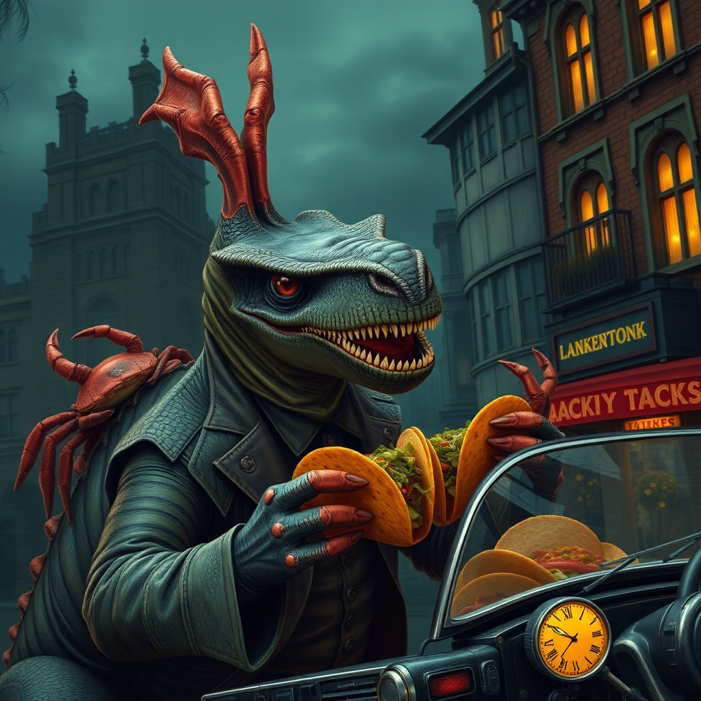 A vampire dinosaur selling tacos in Victorian England, tacky, grand theft auto, crabs, midnight.