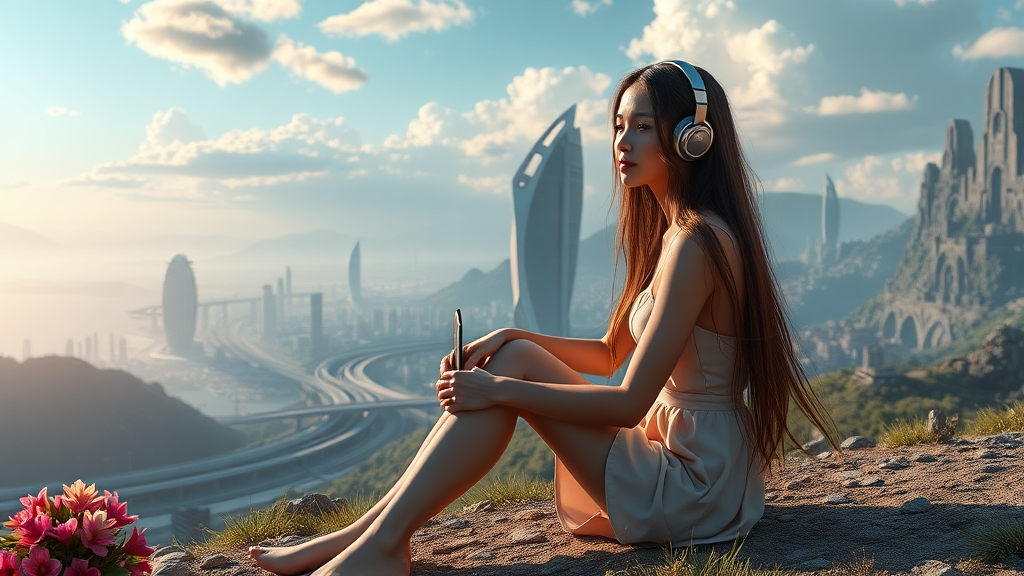 pretty asian woman with long hair in pretty short dress, sitting on the ground with headphones, on an alien planet with futuristic city with nice greenery, flowers and waterscapes and nice clouds, highways and streets, ultra realistic view and ultra high cinematic detail