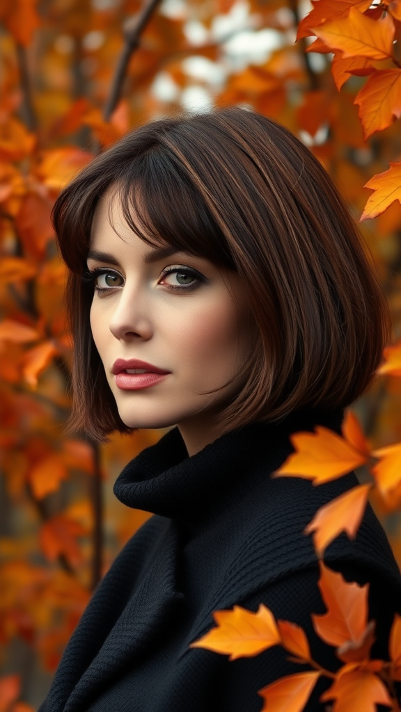 Beautiful model Carla Bruni with a square bob hairstyle, surrounded by autumn foliage, in high definition.