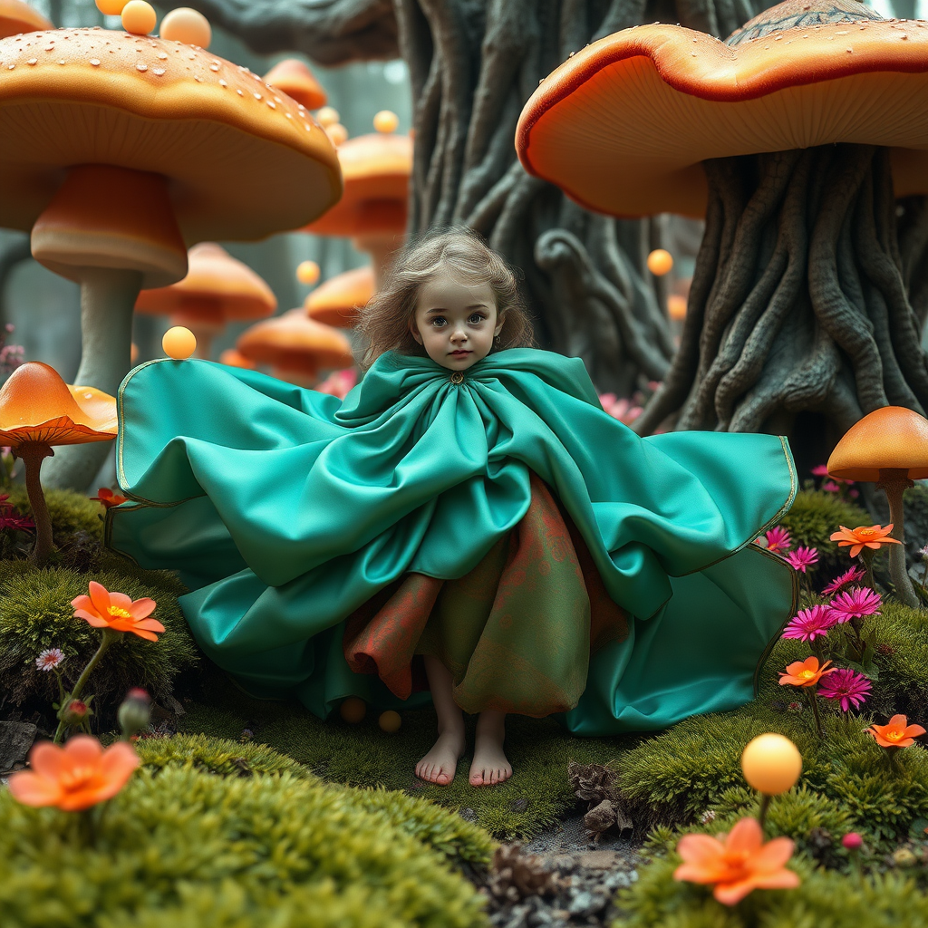 In a sprawling, whimsical landscape, a tiny girl finds herself dwarfed by her surroundings, lost in a world that feels impossibly vast and enchanting. Her oversized dress, an opulent cascade of shimmering silks in shades of emerald, cerulean, and coral, envelops her like a silken cocoon, flaring out dramatically around her delicate frame. Each gentle movement sends ripples through the fabric, creating a fantastical ballet of vibrant colors and intricate patterns that seem to dance in the soft breeze.

Her wide, expressive eyes, sparkling with a mix of wonder and trepidation, shine through the billowing layers of her dress. They reflect the kaleidoscope of sights around her—from the towering, spiraled mushrooms that reach toward the sky like brightly colored skyscrapers, to the soft, glowing orbs of light that flicker and float lazily through the air, illuminating her path with a warm, ethereal glow.

She stands on an exquisitely textured carpet of moss, plush and springy beneath her tiny bare feet, while the air around her is filled with the intoxicating scent of blooming wildflowers, sweet and lingering. The gentle rustle of leaves from enormous trees, their bark twisted and gnarled, provides a soothing melody that envelops her in a comforting embrace.

As she takes a hesitant step forward, the world responds to her presence; the oversized flora seems to lean closer, as if curious about this little girl who doesn’t quite belong. The atmosphere is thick with magic, holding promises of adventure and discovery, propelling her forward into this enchanting realm, where every twist and turn brings new possibilities and hidden wonders.