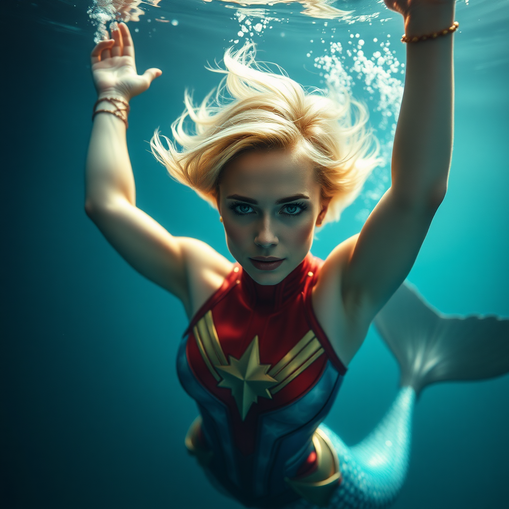 Captain Marvel as a mermaid. She's floating underwater with arms up. She's looking intensely at the viewer of the photo. The eye contact is palpable and mystical. Her short hair floats like a beautiful nimbus around her head and her shiny scaled tail is curled beside her. Gossamer Diaphanous. HD DSLR Photo