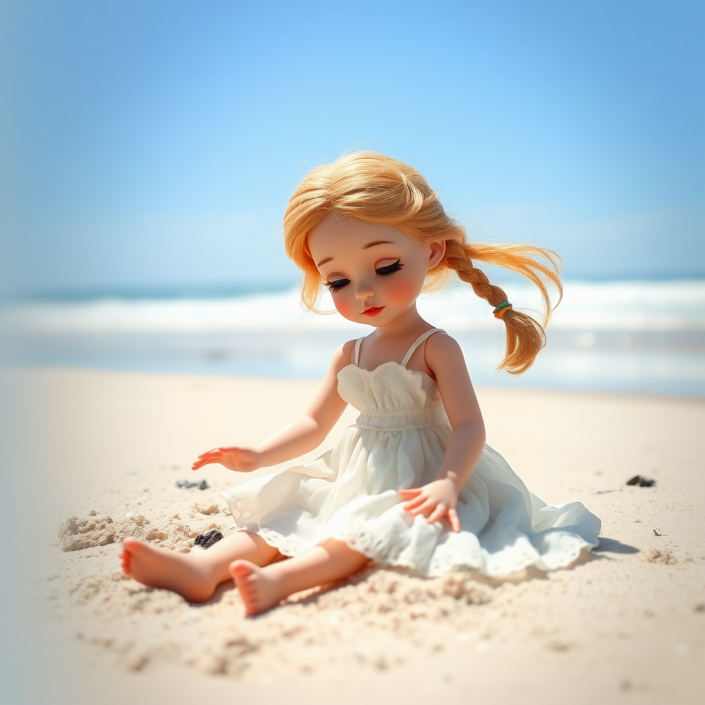 ooak art doll playing on the beach, artist doll, realistic doll, life-like porcelain doll, young preteen girl, unique personality, bisque doll, aesthetic, artistic photography, sunshine, natural, translucent