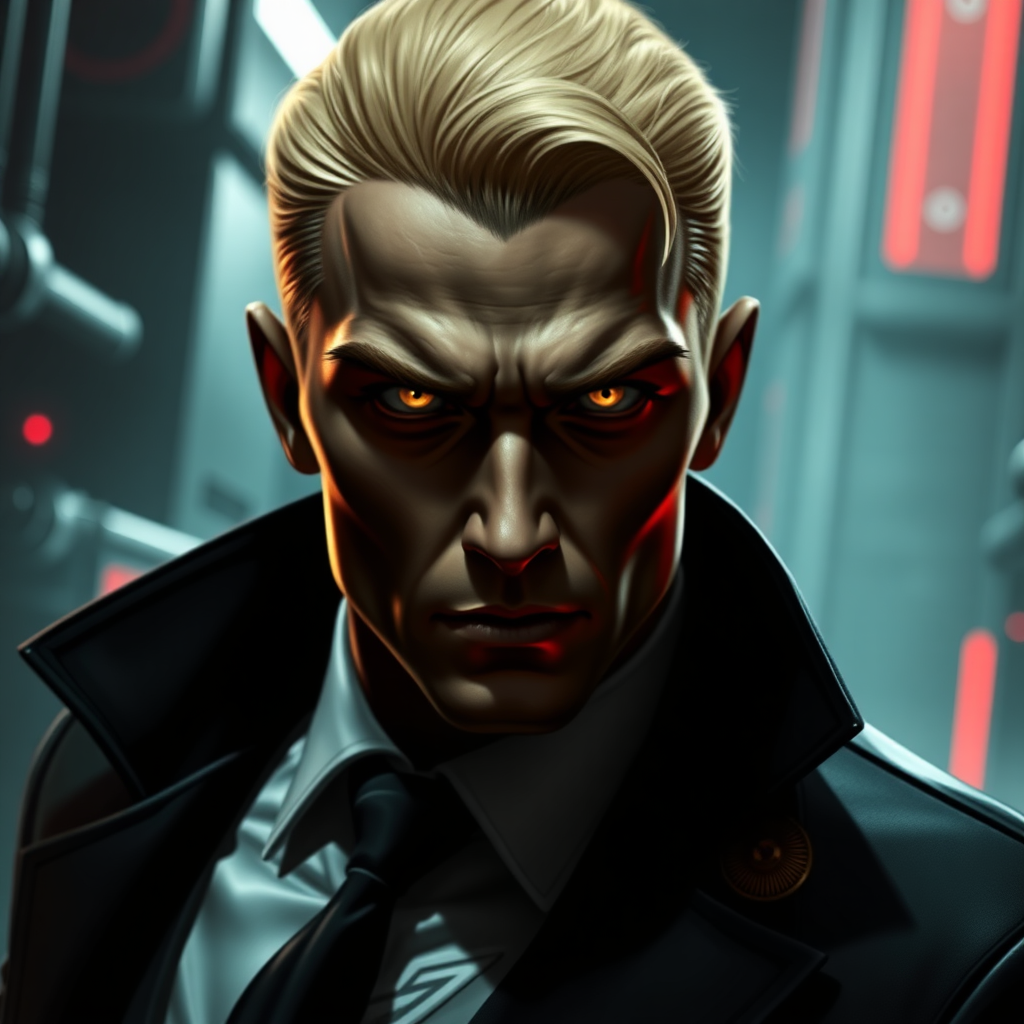 a dark and intense portrayal of the character Jackal from the Red Rising series. He is a cold, calculating figure with sharp features, and a cruel, piercing gaze. His left arm ends at the elbow. His blonde hair is neatly styled, adding to his sense of control and menace. His pupils are gold colored. Jackal should be dressed in sleek, futuristic formal attire, hinting at his high status in the Gold society. The background should be an industrial scifi, futuristic setting, with dim, metallic tones and glowing red lights, symbolizing the dystopian world he manipulates. His expression should convey both intelligence and ruthlessness, and his body language should exude authority, as if he is always planning his next move. he is 19 years old