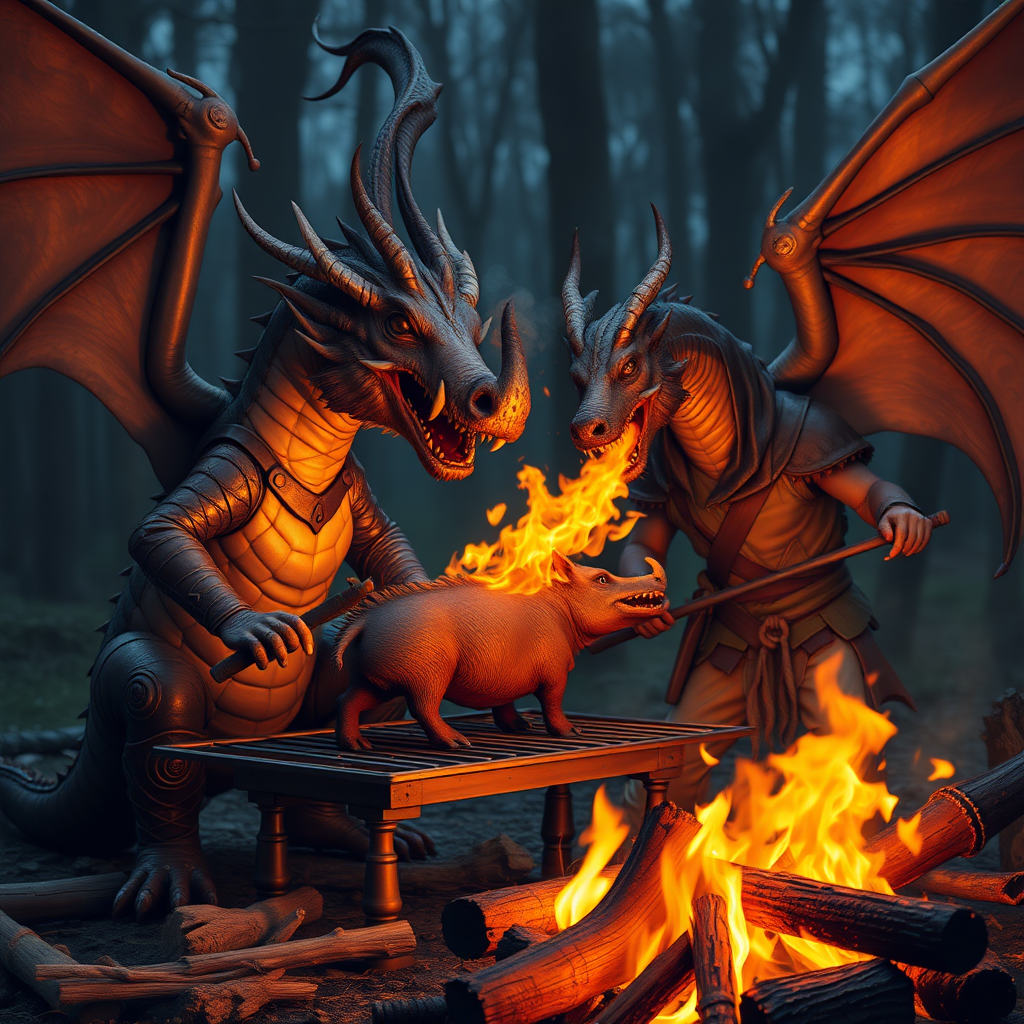 a dragon and a warrior roast the boar on the grill over a campfire, and the dragon spits fire out of its mouth to roast the wild boar.