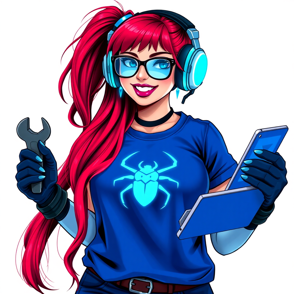 An intelligent and tech-savvy 29-year-old computer hacker and tech genius. She has a long ruby red ponytail. She wears maximum blue lipstick, blue eyes, a sapphire beetle gemstone necklace, sapphire earrings, black eyeglasses, hi-tech power gloves, and an oversized maximum blue t-shirt featuring a neon blue glowing beetle chest icon. She has a gargantuan full-figured physique with a round midsection, reflecting her well-cared-for lifestyle. She sports a sapphire headset with a hi-tech maximum turquoise lensed HUD, and a beaming smile accentuated by a passionate neon red blush. She serves as his tech expert from his hideout, holding a futuristic tool wrench and a futuristic digital tablet. The background is solid white. She is drawn as if she was in a retro 2D cyberpunk fighting game.