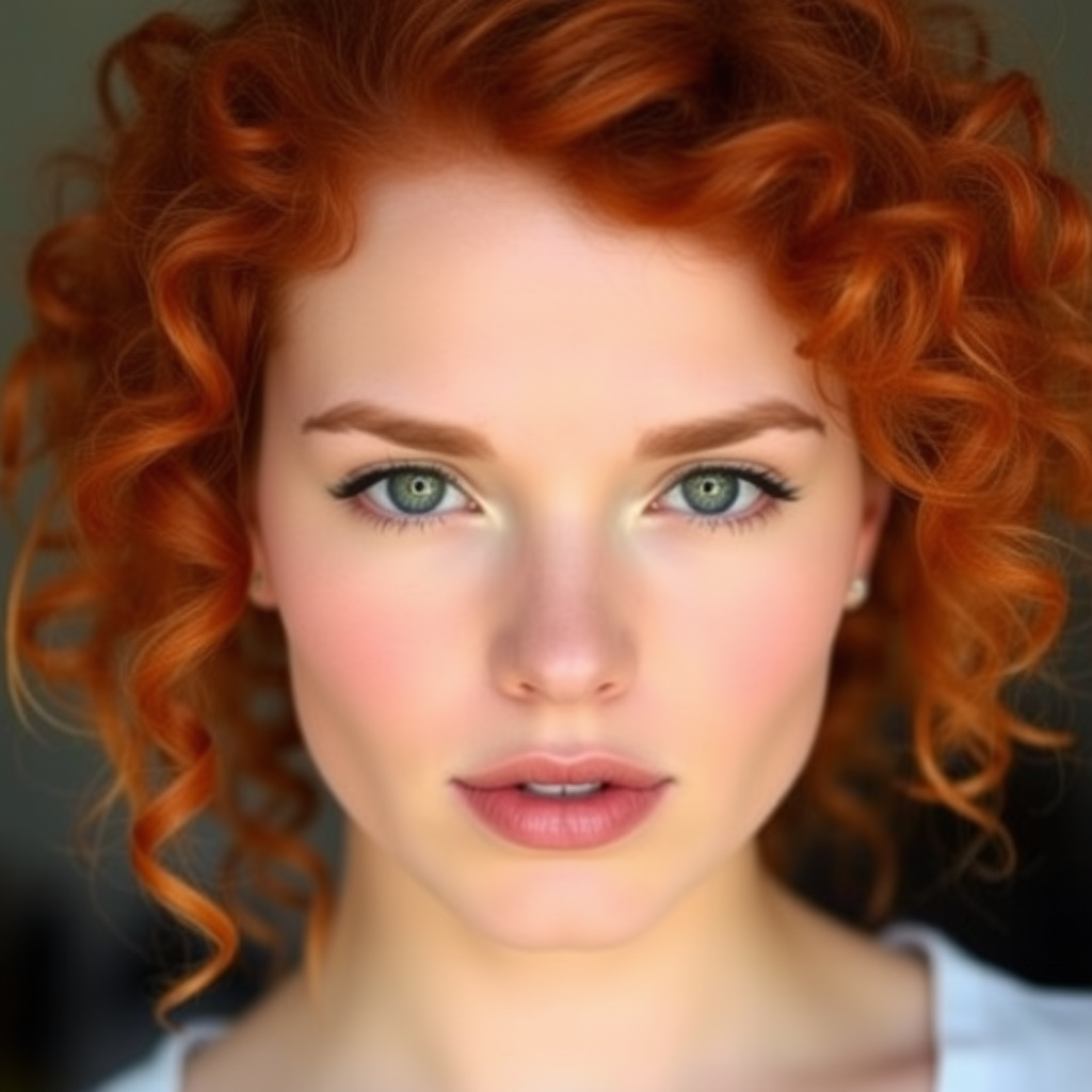 Beautiful model with curly, poppy-red hair, oval face, gray eyes.