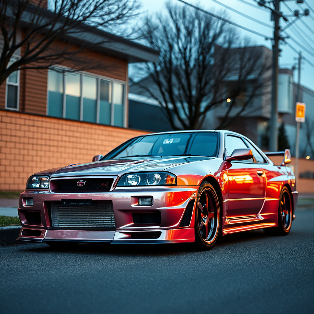 metallic shine nissan skyline r34 the car is parked on the side of the road, inspired by Taiyō Matsumoto, tumblr, restomod, nd4, c4 cold colors