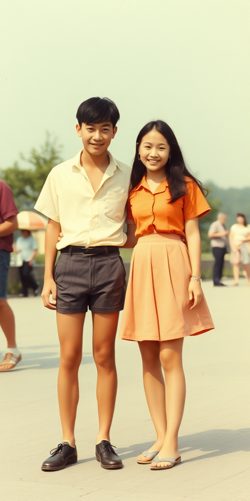 Vintage photo, 1980s. Hot summer. Korea. Tall 14yo teen boy wearing short shirt, tight booty shorts, long legs, bare thighs. With a girl wearing shirt, long skirt. Full length view.