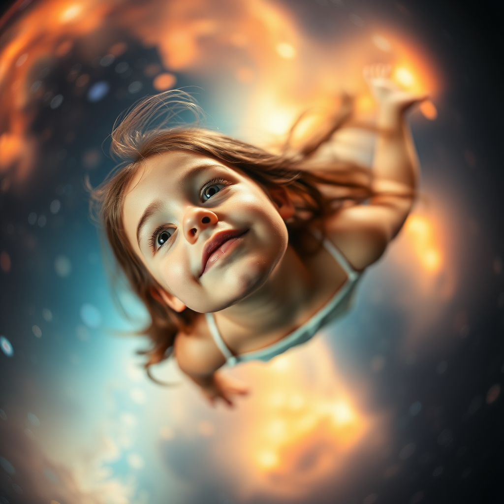 preteen girl floating in space, Low Key Lighting, dreamscape, nebula, Bokeh, abstract, brilliant colors, glittering, translucent, iridescent, natural skin, glowing, artistic photo, wide angle, cute, interesting, microscopy, airy, original, experimental, refraction