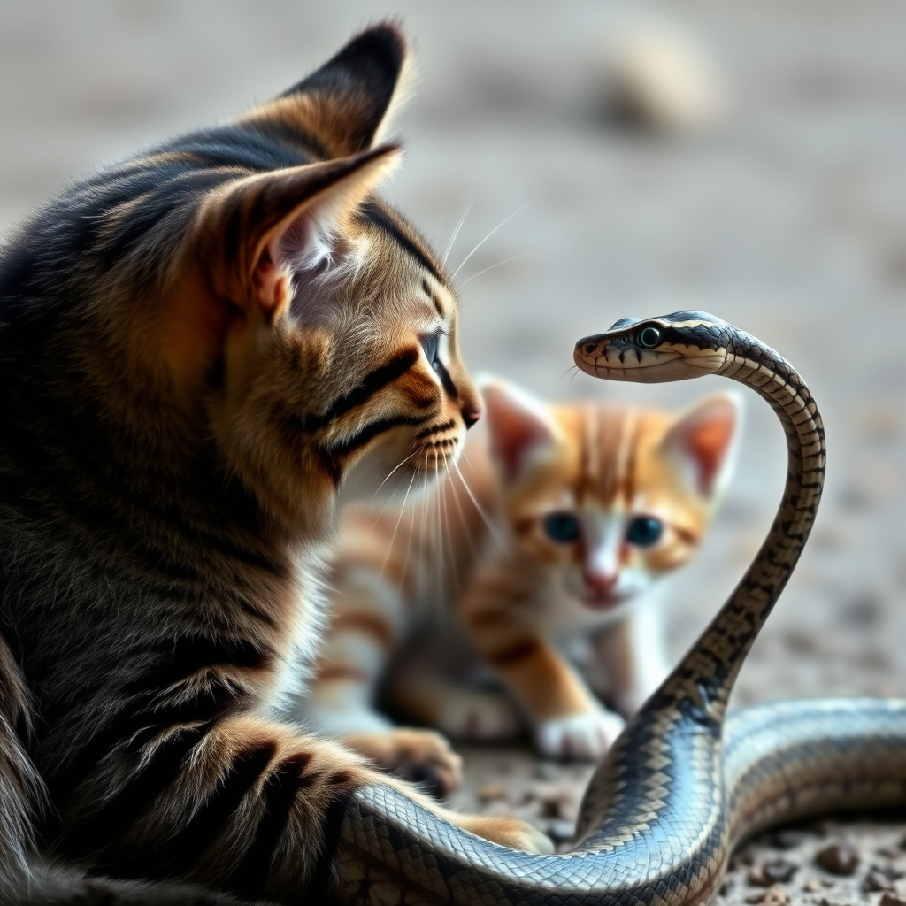 A mother cat and a snake are facing off, with a kitten hiding behind the mother cat, captured from the side.