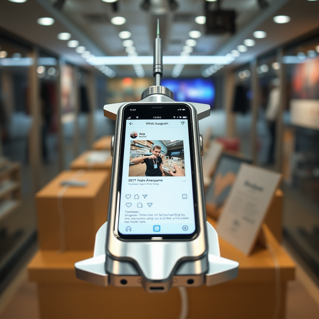 A close-up front view of a mobile phone in the shape inspired by a syringe, metallic futuristic, kept for sale, in a showroom, metallic body, touchscreen phone with Instagram page open on the screen, needle on top, whitepunk.