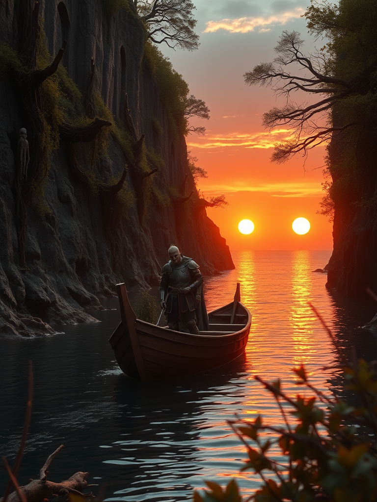 An epic cinematic film still of a wounded knight, his armor ripped and stained, slumped against the mast of a small wooden boat. The boat bobs gently on the surface of a narrow river, its path illuminated by the fiery glow of a setting sun. The river is nestled between towering cliffs, their faces carved with ancient ruins, choked by vines and overgrown with gnarled trees. The ruins are a testament to a forgotten civilization, with hanging skeletons and rusted warrior armor buried beneath the foliage. Zombie knights, their bodies glowing with dark green mystical energy, stand guard along the riverbank. The setting sun casts long shadows across the scene, a fiery orb sinking towards the horizon. The river slowly widens as it flows towards the ocean, a vast expanse of water revealed beyond the cliffs, where the last rays of the sun are reflected on the rippling surface. some foreground dead logs and twigs foliage out of focus.