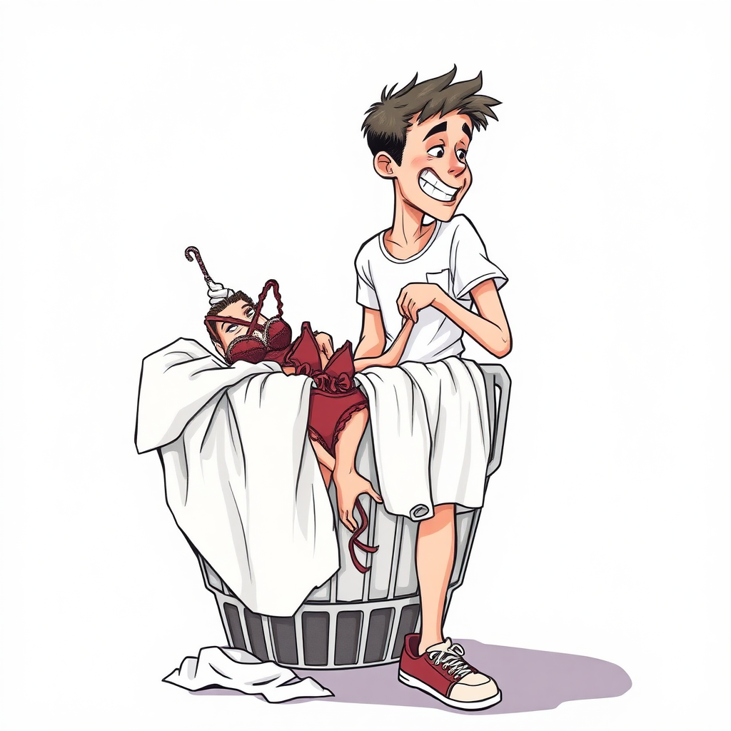 nervous short 20 year old european skinny man, short white t-shirt, standing, stunned, mesmerized, joyful, heavy drooling, fumbling through a dirty laundry basket full of sexy woman stained lingerie, detailed fabric, side view, shoes, detailed feet, 2D, caricature, cartoon, Sketch lines, coloring book, coloring book,