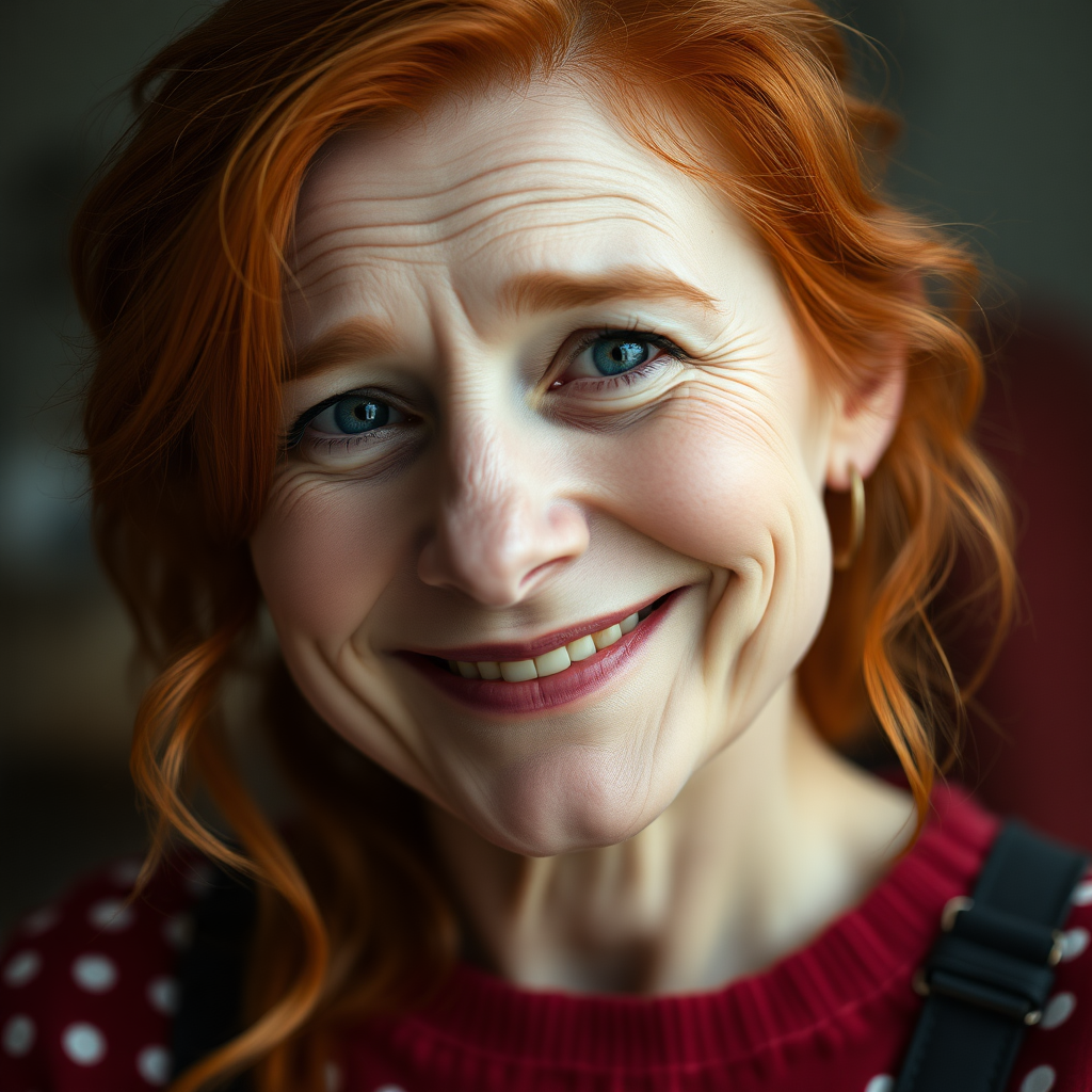 Photo. Highest quality. Portrait. Close Up of a whimsical friendly smiling slightly wrinkled beautiful red-haired woman in her 30s similar to Pippilotta Longstockings. Only slightly wrinkled.